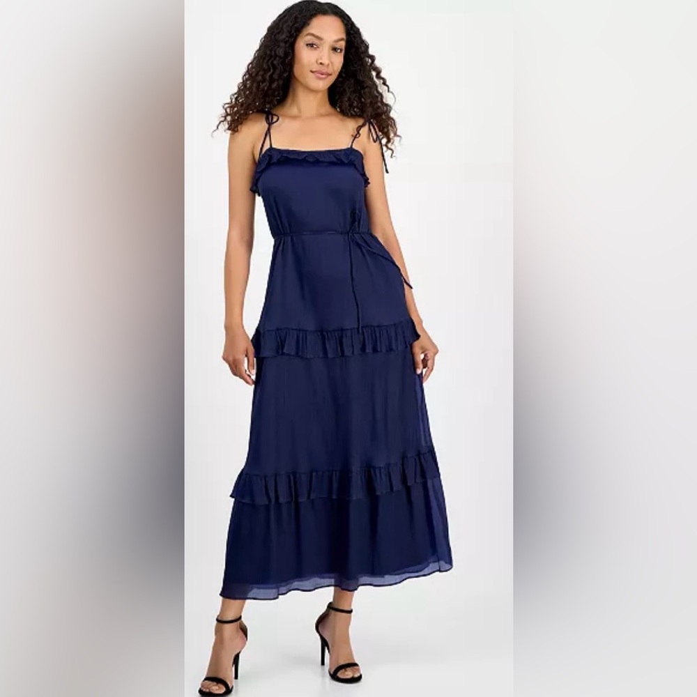julia jordan Navy Tie-Shoulder Ruffle Midi Dress